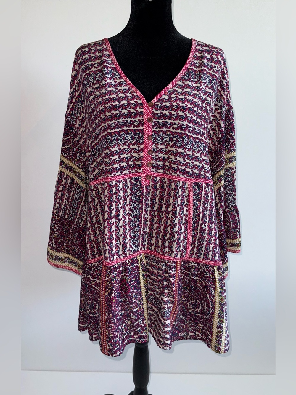 Maeve Anthropologie 100% Silk Boho Print Tunic Blouse Size Large